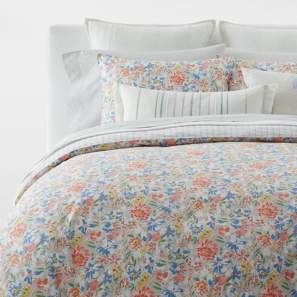 Lauren Ralph Lauren Macey Floral Comforter Reversible Plaid Grey Coral Blu Queen